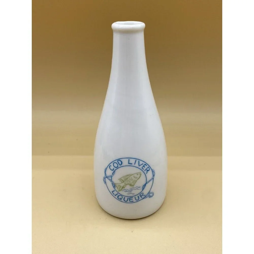 Vintage Cod Liver Liqueur White 6” Bottle Fish Logo Apothecary